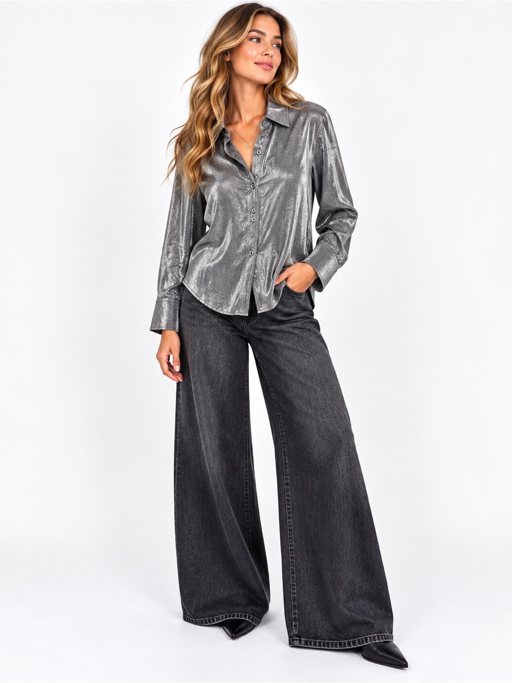 Pilcro Anthropologie Liquid Shine Metallic Gunmetal Button Down Shirt M